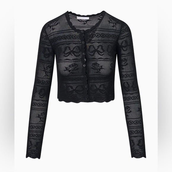NWT Loveshackfancy Gretta Pointelle Knit Bow Cardigan Black | S - Picture 7 of 7